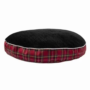 Round Dog Bed - Plush Red Plaid Cuddler Bed with Removable Washable Cover