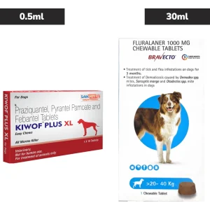 Savavet Kiwof Plus XL Deworming Tablet (10 tablets) and MSD Animal Health Bravecto (Fluralaner) Tick & Flea Control Tablet (1 tablet) (20 to 40 kg) for Dogs Combo