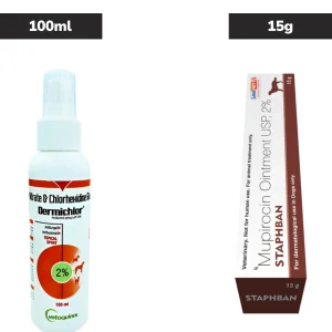 Savavet Staphban (Mupirocin) Ointment for Dogs 15g and Vetoquinol Dermichlor Antibacterial Antifungal Spray (100ml) for Dogs & Cats Combo