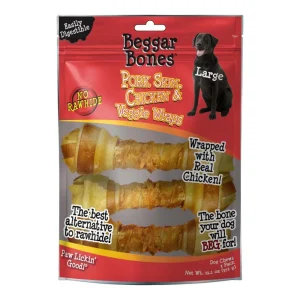 Savory Prime Beggar Bones Pork Skin, Chicken & Veggie Wraps Dog Treats Large, 3 ct