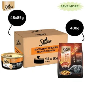 Sheba Complete Nutrition Succulent Chicken Breast In Gravy Cat Wet Food and Chicken Flavour Irresistible Cat Dry Food Combo