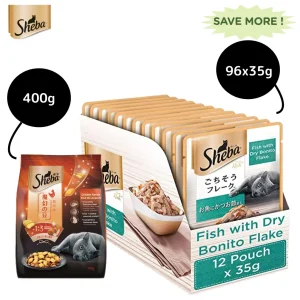 Sheba Fish with Dry Bonito or Skipjack Flake Premium Cat Wet Food and Chicken Flavour Irresistible All Life Stage Cat Dry Food Combo