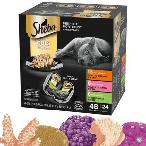 Sheba Perfect Portions Cuts in Gravy Wet Cat Food Variety Pack (Chicken, Salmon, Turkey), 2.6 oz each, Case of 24