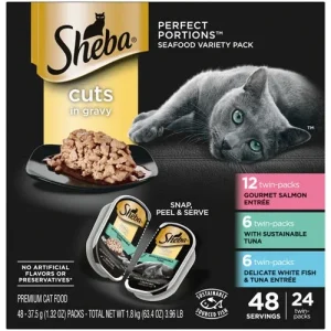 Sheba Perfect Portions Cuts in Gravy Wet Cat Food Variety Pack (Salmon, Tuna, Whitefish & Tuna), 2.6 oz each, Case of 24