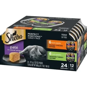 Sheba Perfect Portions Pate Wet Cat Food Variety Pack (Savory Chicken, Roasted Turkey) 2.6 oz 12 ct
