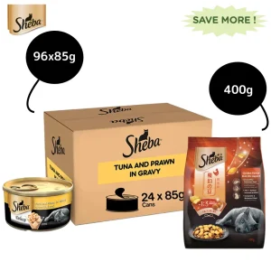 Sheba Tuna Fillet & Whole Prawns in Gravy Premium Cat Wet Food and Chicken Flavour Irresistible All Life Stage Cat Dry Food Combo