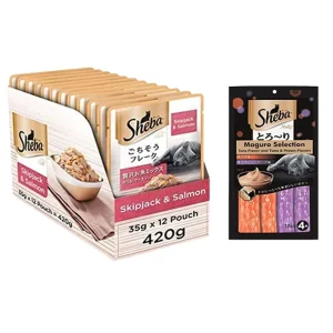 Sheba Tuna Flavor and Tuna & Prawn Maguro Selection Melty Premium Treat and Skipjack & Salmon Fish Mix Cat Wet Food Combo