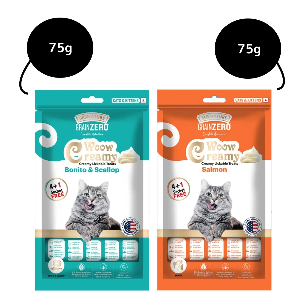 Signature Grain Zero Salmon and Bonito & Scallop Lickable Creamy Cat Treats Combo