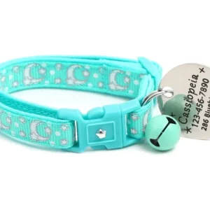 Silver Moons and Stars on Aqua Cat Collar