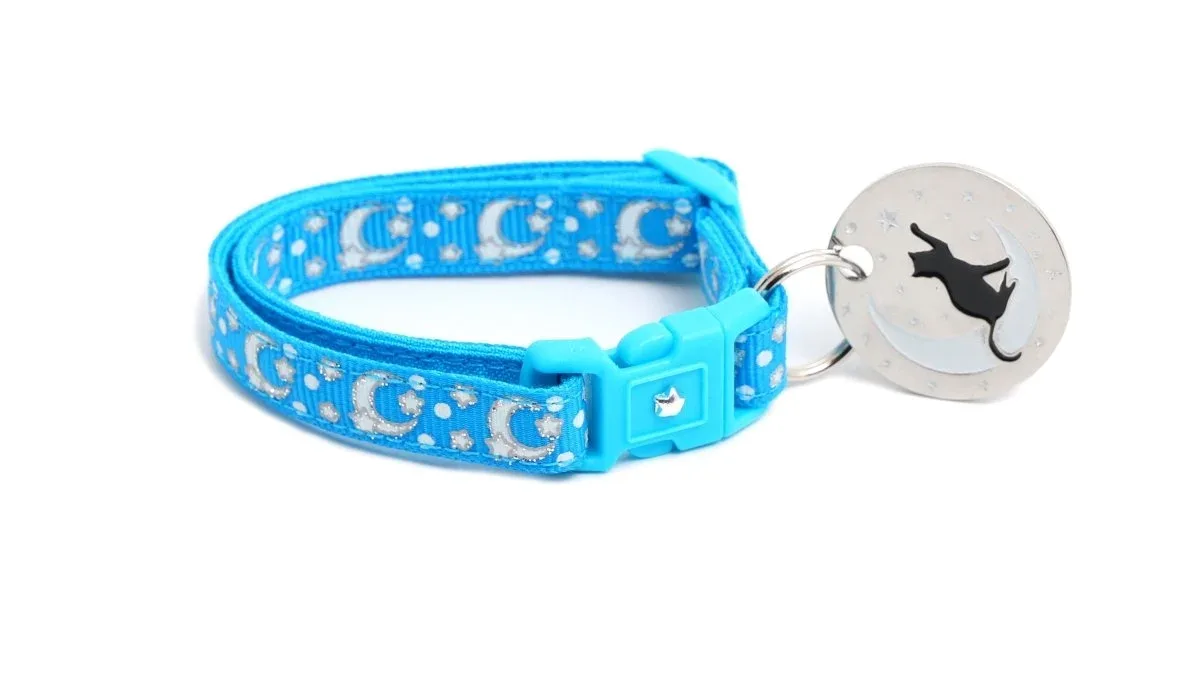 Silver Moons and Stars on Peacock Blue Cat Collar - Image 2