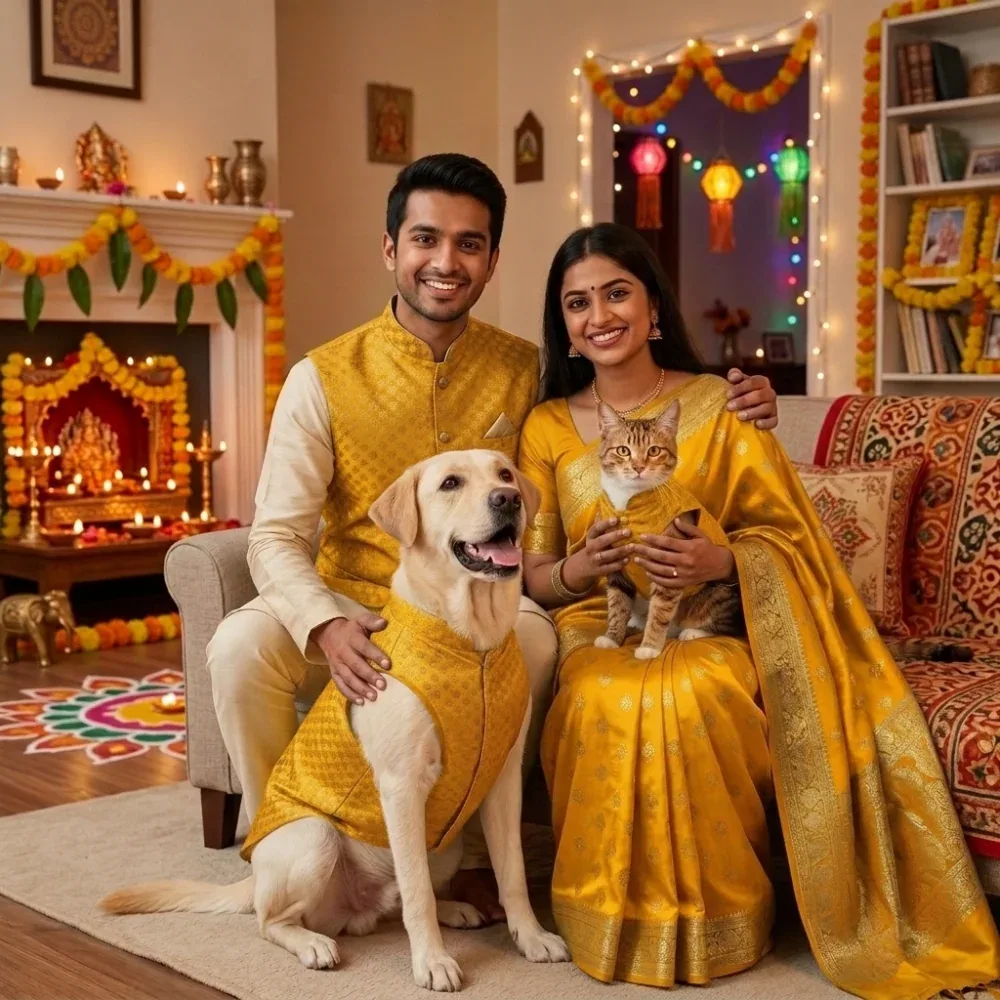 Skatrs Brocade Gold Printed Sherwani for Dogs and Cats (Yellow) - Image 2