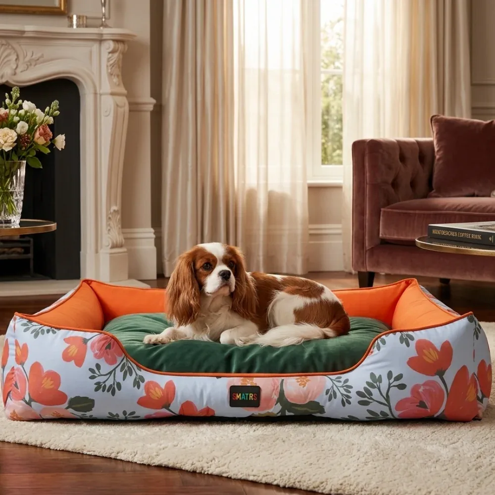 Skatrs Flower Meadow Bed for Dogs & Cats (Orange/Green) - Image 2