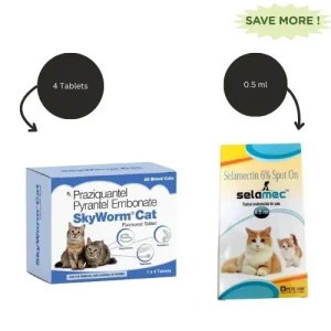 Skyec Skyworm Cat Deworming Tablet (pack of 4 tablets) and Petcare Selamec (Selamectin) Spot On for Cats Combo