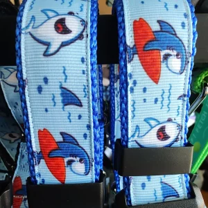 Surfer Sharks Blue Nylon Dog Collar MD, LG, XL, Leash