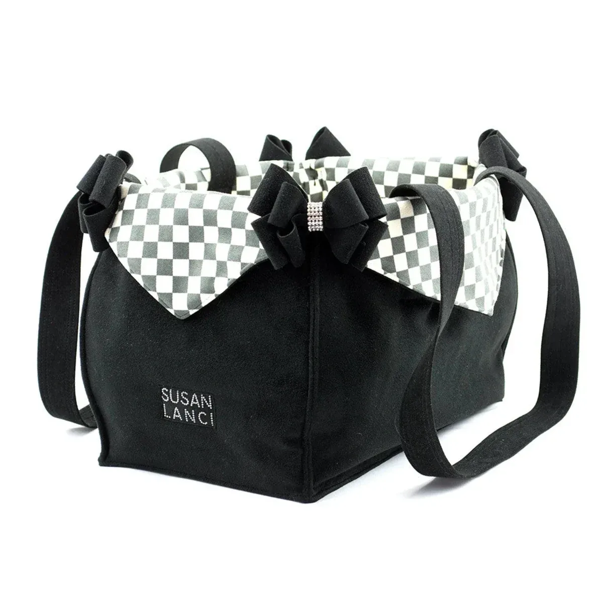 Susan Lanci Designs Black Double Nouveau Bow Luxury Carrier with Windsor Check Flaps - Image 2