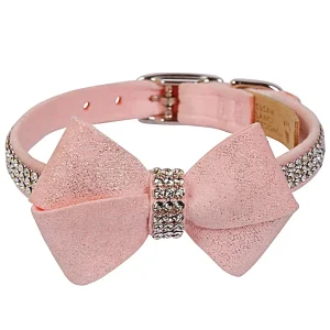 Susan Lanci Designs Puppy Pink Glitzerati Nouveau Bow 3 Row Giltmore Dog Collar