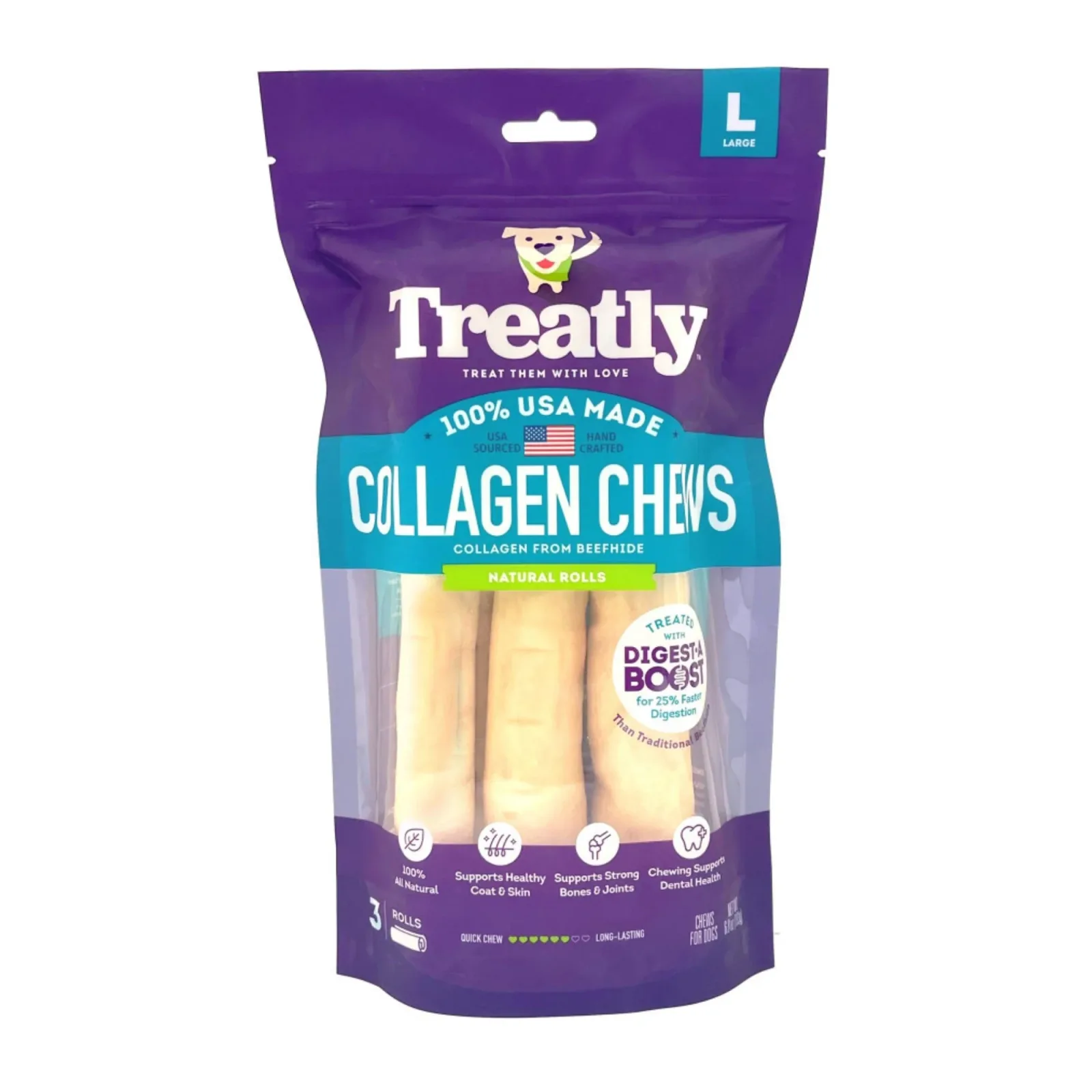 Treatly Collagen Chew Rolls Dog Treats Natural, Large, 3-Count