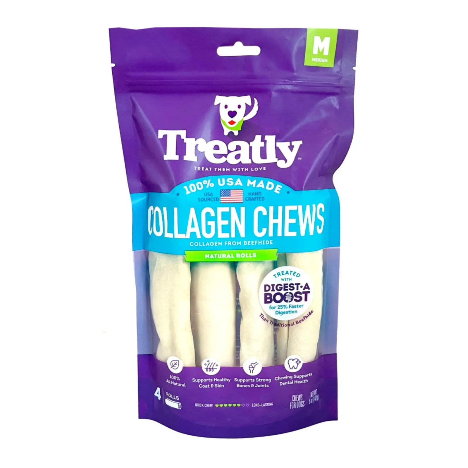 Treatly Collagen Chew Rolls Dog Treats Natural, Medium, 4-Count