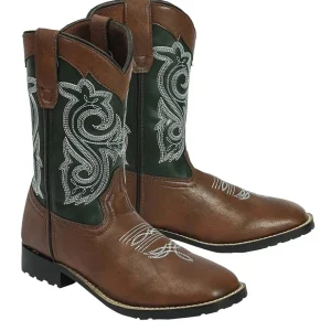 TuffRider Children's Assateague Island Rounded Toe Western Boot- Brown with Green- 10C