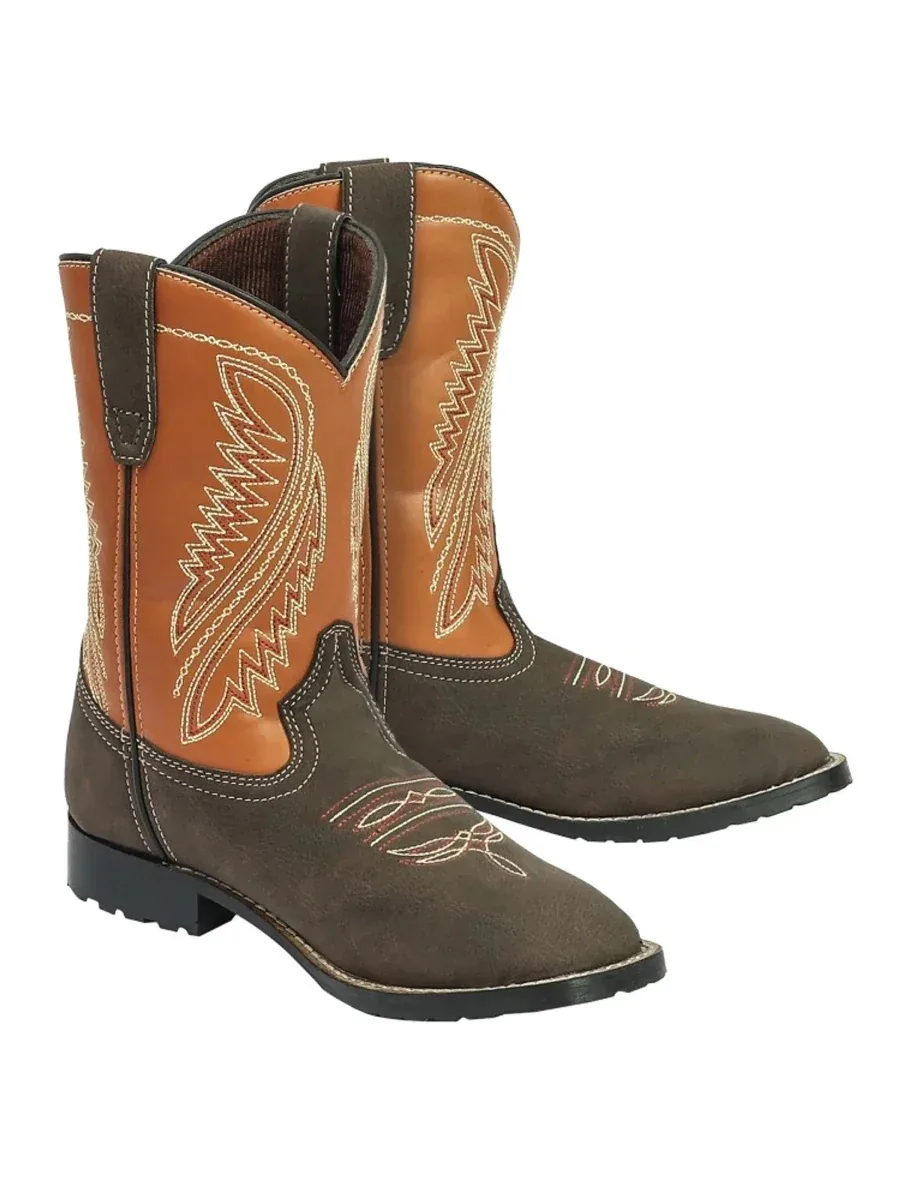 TuffRider Children's Big Bend Rounded Toe Western Boot- Mocha with Rust- 10C
