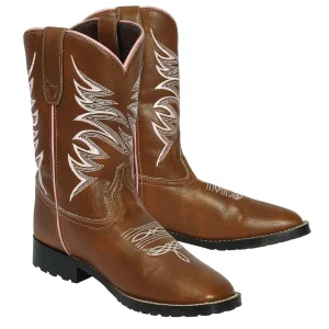 TuffRider Children's Channel Islands Square Toe Western Boot- Tan with Pink- 10C