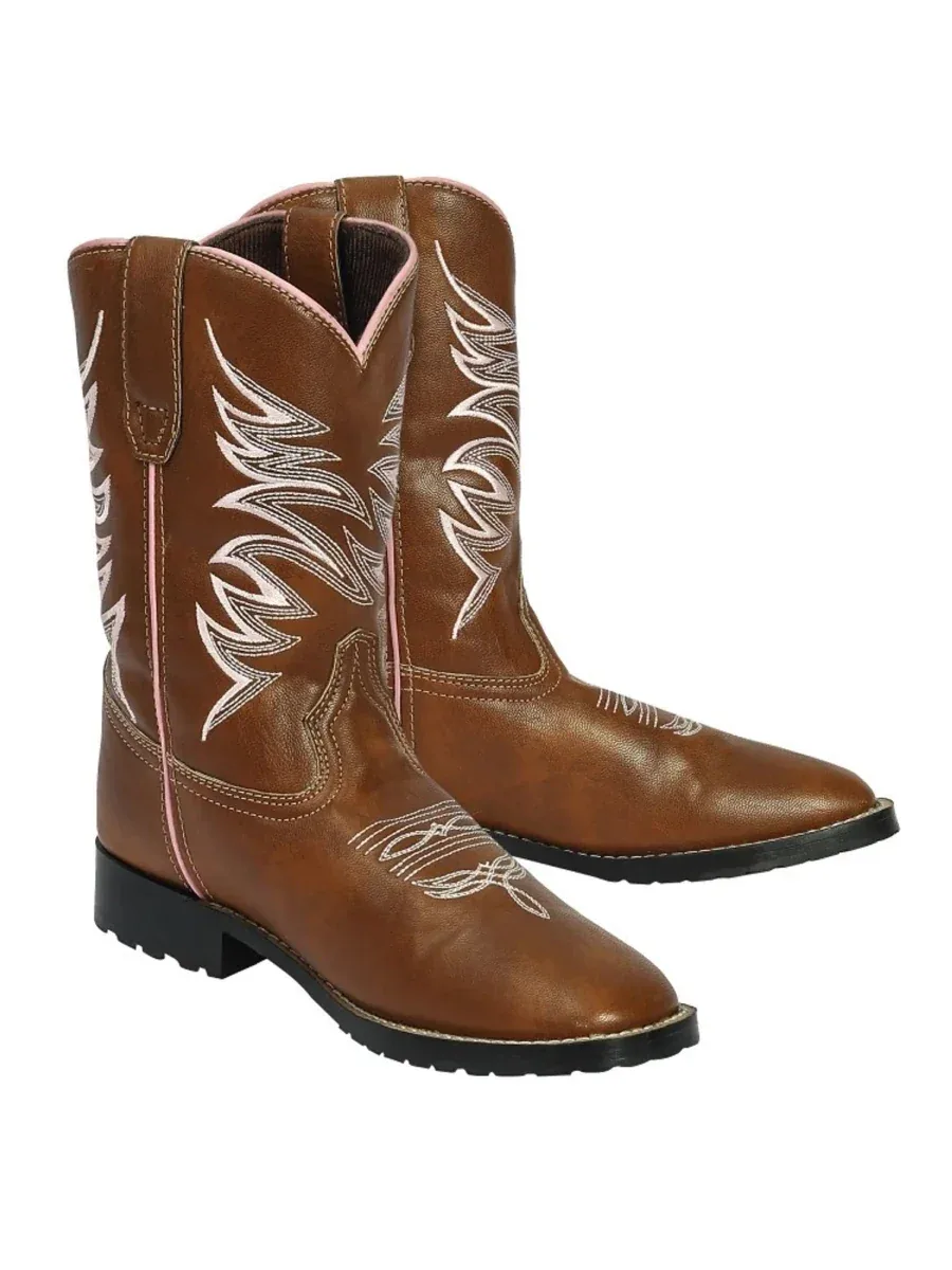 TuffRider Children's Channel Islands Square Toe Western Boot- Tan with Pink- 10C