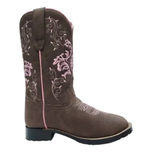 TuffRider Children's Glacier Square Toe Western Boot- Mocha with Pink- 10C