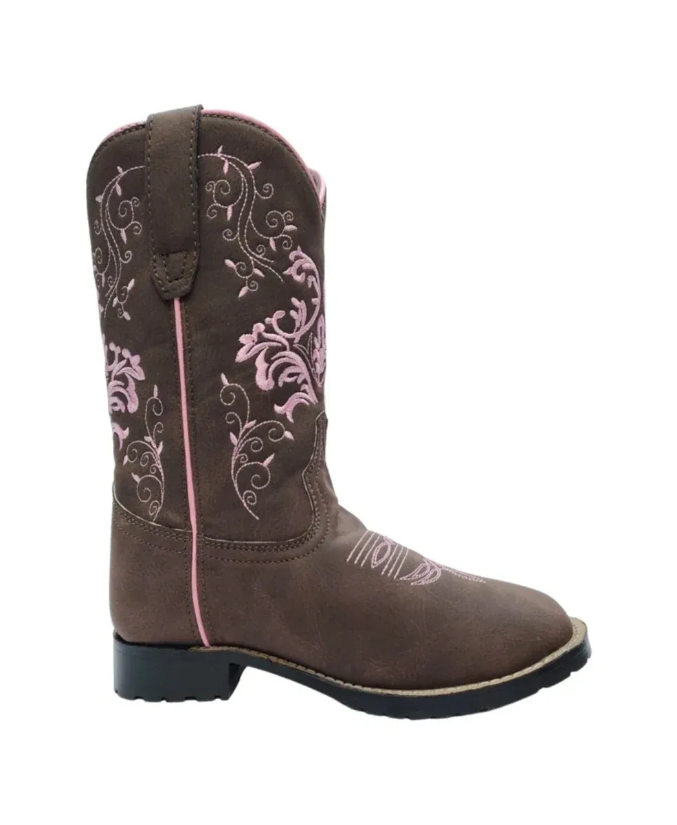 TuffRider Children's Glacier Square Toe Western Boot- Mocha with Pink- 10C - Image 2