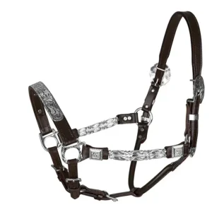TuffRider Western Deluxe Show Halter with Etched Silver Hardware - Double Ply Leather Horse Halter for Competition