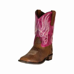 TuffRider Youth Arches Square Toe Western Boots - Pink Flame Design Kids Cowboy Boots