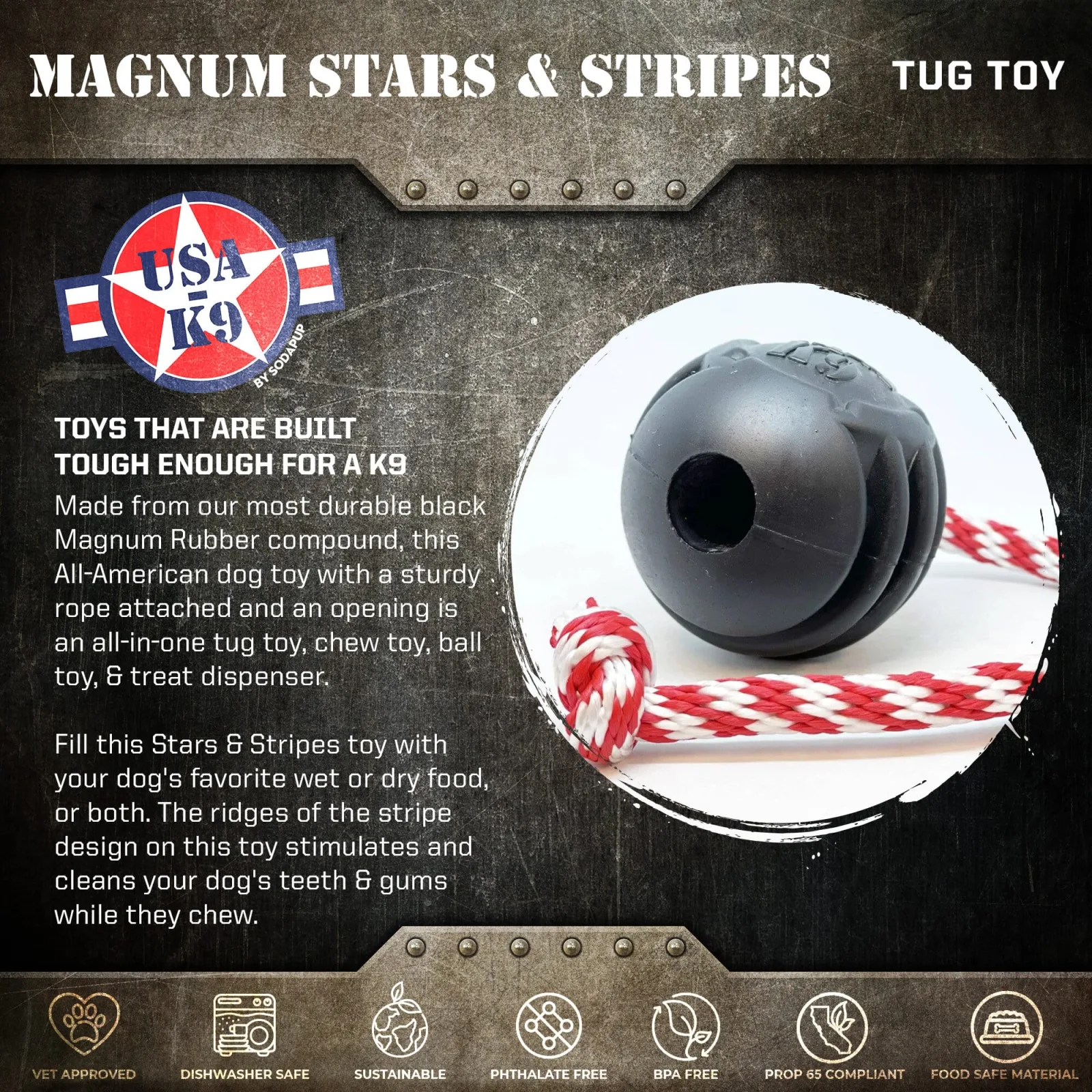 USA-K9 Magnum Black Stars and Stripes Ultra-Durable Rubber Chew Toy, Reward Toy, Tug Toy, and Retrieving Toy - Image 2