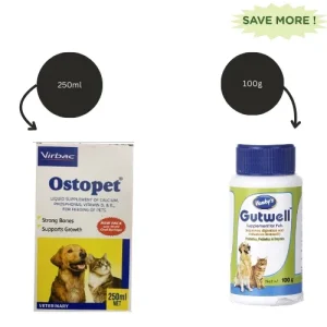 Virbac Ostopet Calcium Supplement Syrup (250) and Venkys Gutwell Pre & Probiotics Gut Health Powder (100ml) for Dogs and Cats Combo