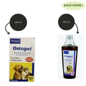 Virbac Ostopet Calcium Supplement Syrup and Vitabest Derm Omega 3+6 Syrup for Dogs and Cats (250ml) Combo