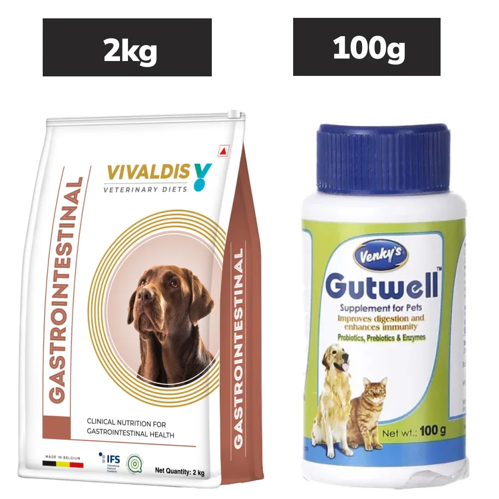 Vivaldis V Diet Gastrointestinal Dog Dry Food (2kg) and Venkys Gutwell Pre & Probiotics Gut Health Powder (100g) Combo
