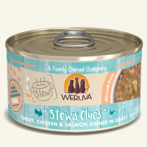 Weruva Stews Clues Turkey, Chicken & Salmon Dinner in Gravy Wet Cat Food, 2.8 oz. 12 ct