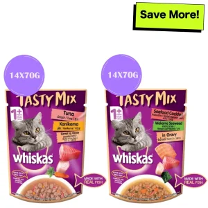 Whiskas Seafood Cocktail With Wakame Seaweed and Tuna with Kanikama & Carrot in Gravy Tasty Mix Adult Cat Wet Food Combo