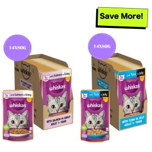 Whiskas Tuna in Jelly Meal and Salmon in Gravy Meal Adult Cat Wet Food Combo