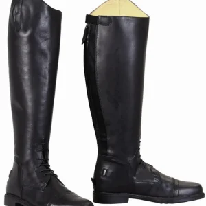 Women's Leather Field Boots - Tall Riding Boots with Spanish Top and Elastic Laces - Black