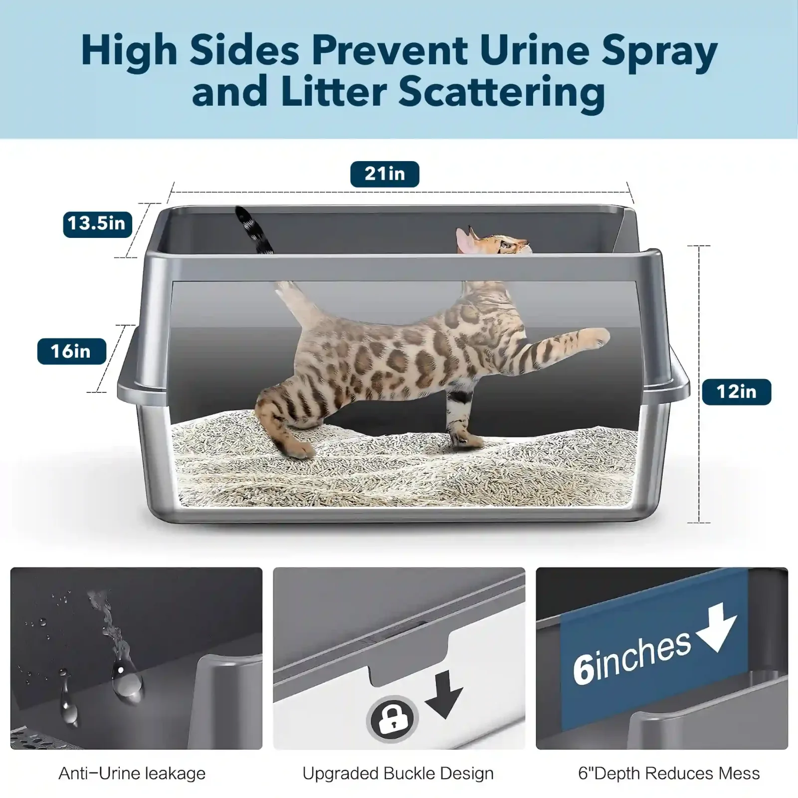 XXL Stainless Steel Cat Litter Box with Lid – High Sides, Low Entry, Easy to Clean, Odor - Image 2