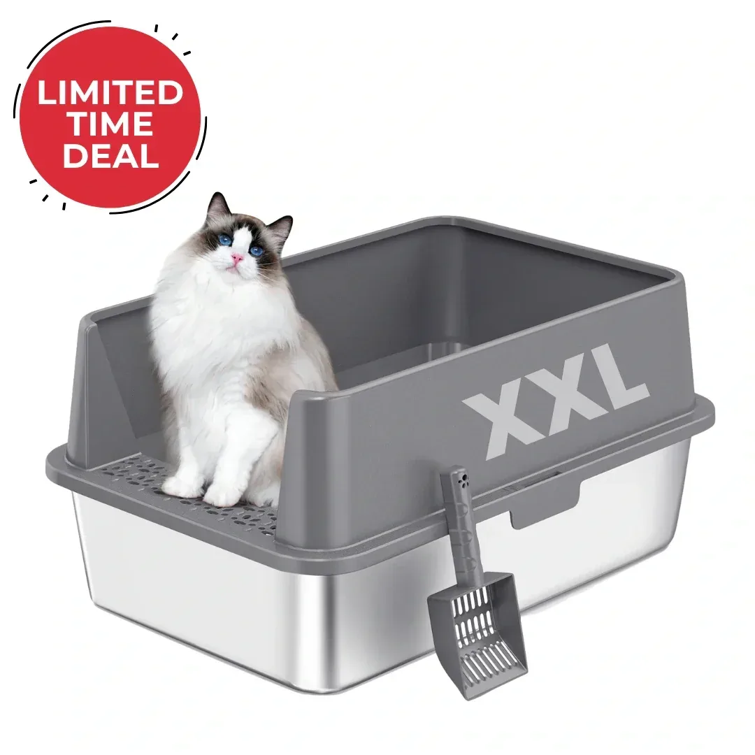 XXL Stainless Steel Cat Litter Box with Lid – High Sides, Low Entry, Easy to Clean, Odor