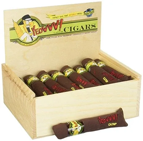 Yeowww! Catnip Cigars in Wooden Box with Slide Top Lid - 7 in, 24 ct