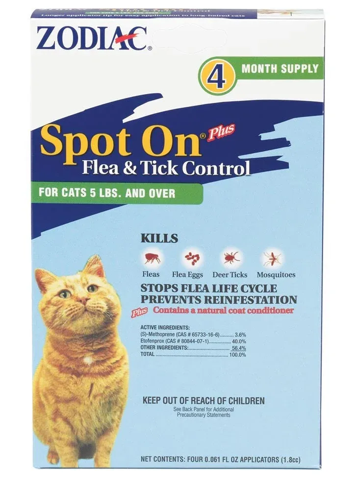 Zodiac Spot On Plus Flea Tick Control for Cats, 5 lb And Over, 4 ct