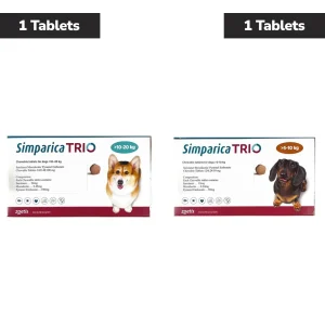 Zoetis Simparica Trio (Sarolaner) Tick & Flea Control Tablet for Dogs 5 to 10 kg (1 Tablet) and 10 to 20 kg (1 Tablet) Combo